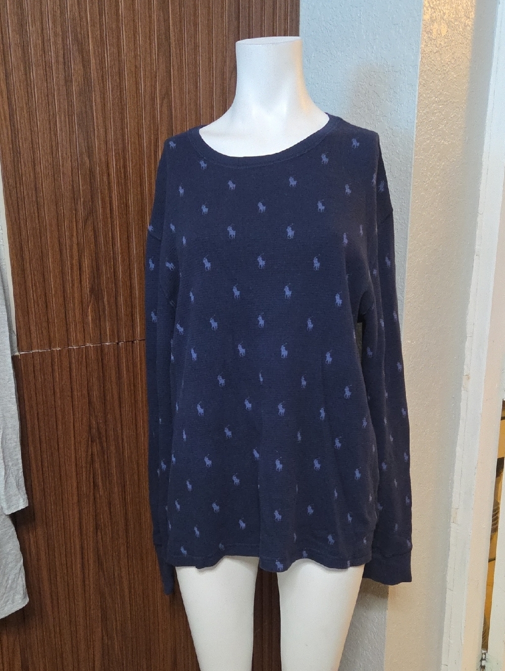 All Over Pony Waffle Knit Thermal Sleep Shirt Blue Large Sz[1169]